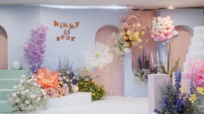 粉蓝撞色手工花泰式婚礼